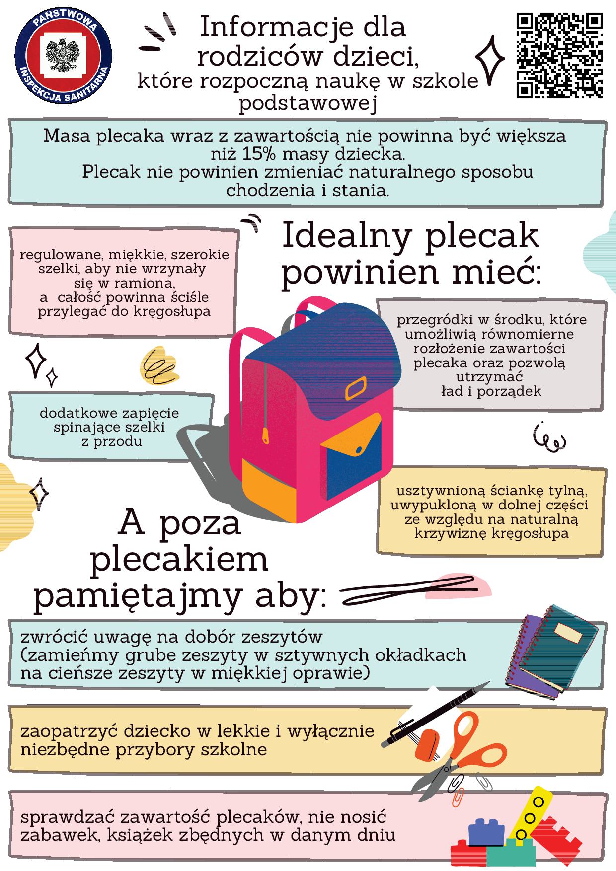 Plakat informacyjny dla rodziców dzieci rozpoczynających naukę w szkole podstawowej od Państwowej Inspekcji Sanitarnej. Zawiera wskazówki dotyczące prawidłowego użytkowania plecaka: masa plecaka nie powinna przekraczać 15% masy dziecka, plecak nie powinien zaburzać naturalnego chodu i stania, idealny plecak powinien mieć regulowane, miękkie, szerokie szelki, przylegać do kregosłupa, mieć dodatkowe zapiecie spinające szelki z przodu, przegrody na podręczniki, które umożliwiają równomierne rozłożenie zawartości, utwardzone dno i porządek. Zaleca się utrzymanie naturalnej postawy pleców, wybór lekkich zeszytów i opraw, zaopatrzenie dziecka w niezbędne przybory szkolne oraz sprawdzanie zawartości plecaka i unikanie noszenia zbędnych przedmiotów.