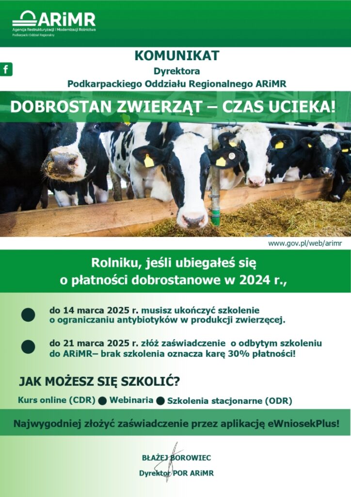 Plakat informacyjny ARiMR dotyczący obowiązkowego szkolenia dla rolników ubiegających się o płatności dobrostanowe za 2024 r.