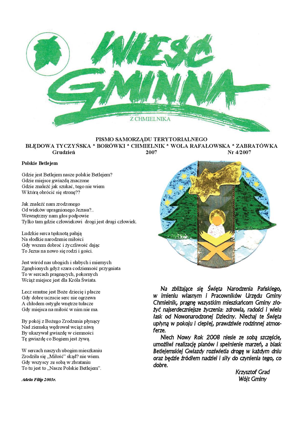 Wieść Gminna z Chmielnika - numer 4 z 2007 r. do pobrania w formacie PDF