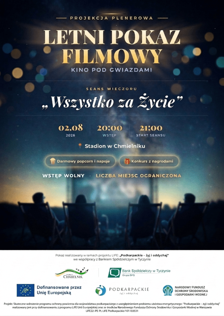 Plakat - Letni Pokaz Filmowy - "Wszystko za życie" - 2 sierpnia 2026 r. godz. 20:00 - Stadion w Chmielniku - Wstęp wolny, liczba miejsc ograniczona.