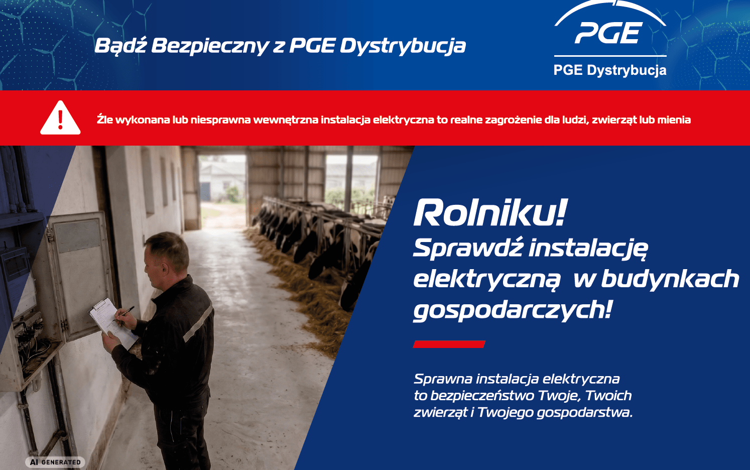 Plakat PGE - Rolniku sprawdź instalację elektryczną w budynkach gospodarczych!