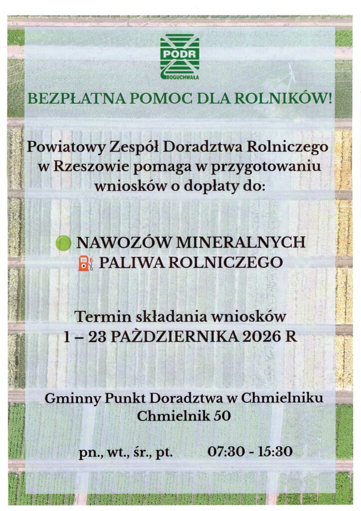 Plakat informujący o bezpłatnej pomocy dla rolników przy przygotowywaniu wniosków o dopłaty do nawozów mineralnych i paliwa rolniczego. Wnioski można składać od 1 do 23 października 2026 r. w Gminnym Punkcie Doradztwa w Chmielniku, Chmielnik 50, od poniedziałku do piątku w godz. 7:30–15:30.