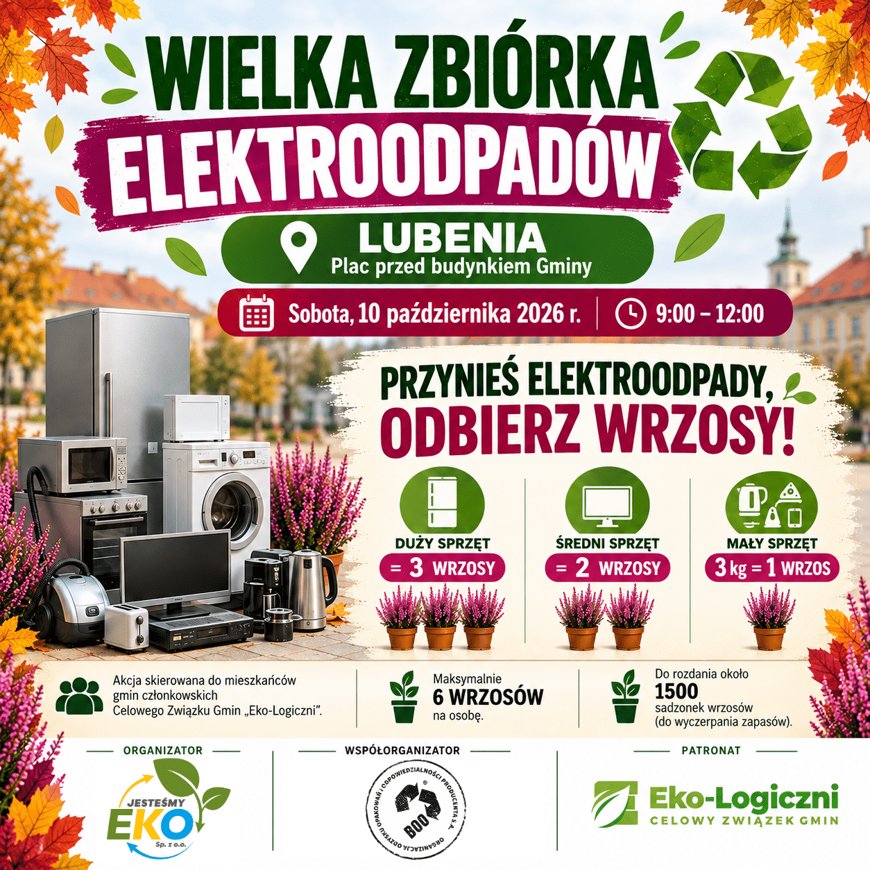 Plakat promujący zbiórkę elektroodpadów w Lubeni. Duży zielony i bordowy napis „Wielka zbiórka elektroodpadów”, symbol recyklingu oraz jesienne liście. Zbiórka odbędzie się w sobotę 10 października 2026 r. w godz. 9:00–12:00 na placu przed budynkiem Gminy w Lubeni. Za przyniesione elektroodpady można otrzymać wrzosy: za duży sprzęt – 3 wrzosy, za średni sprzęt – 2 wrzosy, a za mały sprzęt – 1 wrzos za każde 3 kg. Jedna osoba może otrzymać maksymalnie 6 wrzosów. Plakat informuje, że przygotowano około 1500 sadzonek, a akcja jest skierowana do mieszkańców gmin członkowskich Celowego Związku Gmin „Eko-Logiczni”. W dolnej części znajdują się logotypy organizatora, współorganizatora i patrona.