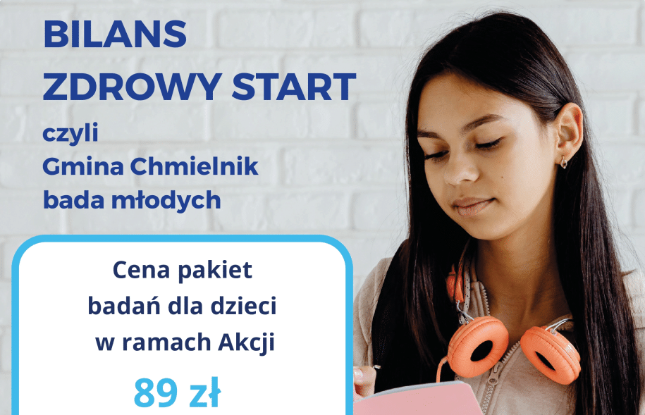 Grafika przedstawia młodą kobietę z różowymi słuchawkami i notesem. Na plakacie podano, że pakiet badań dla dzieci kosztuje 89 zł